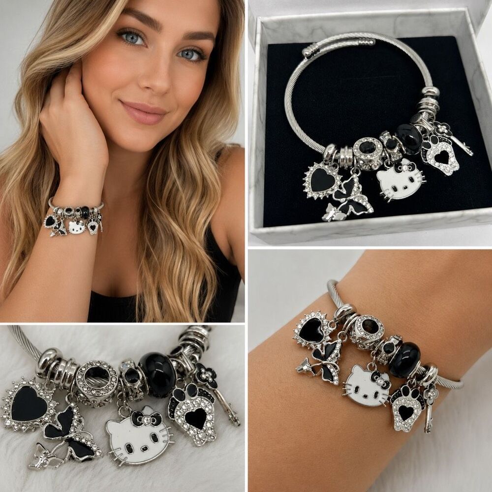 Hello Kitty Charm Bracelet Silver Tone Adjustable Bangle Rhinestone Charms